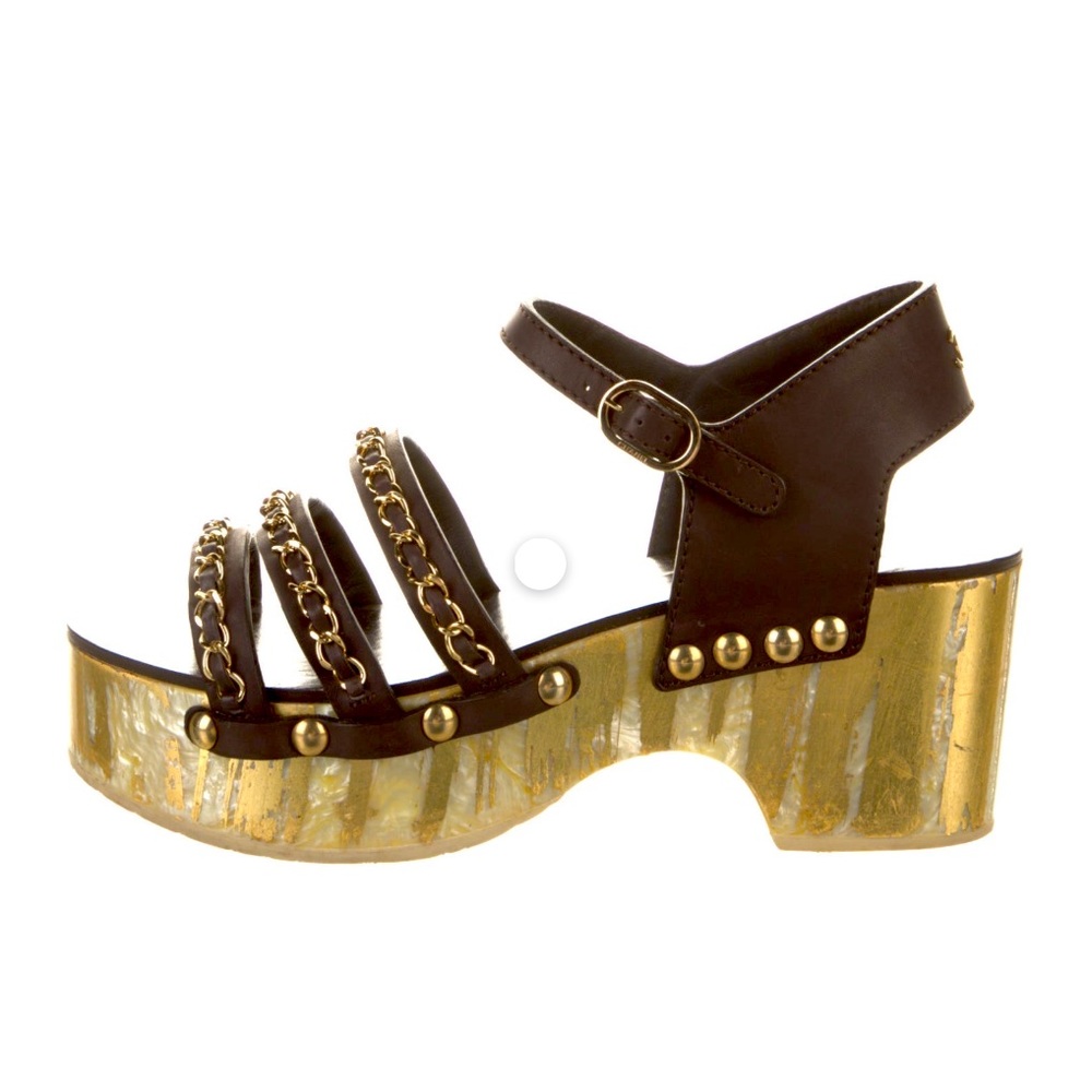 $1075 CHANEL gilded sandals chain CC platform clogs strappy shoes wedge heels